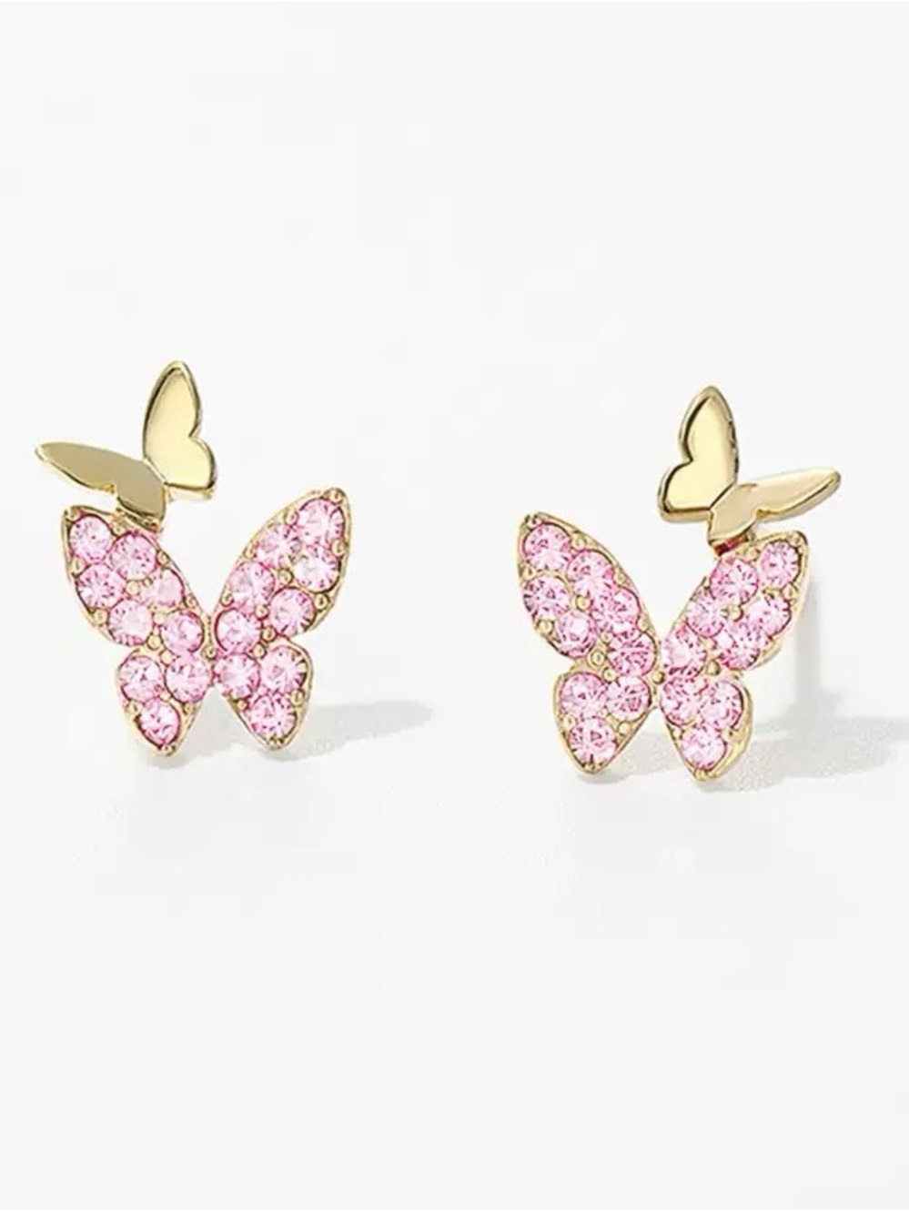 Anthropologie Gold Butterfly Stud Earrings with Pink Crystals